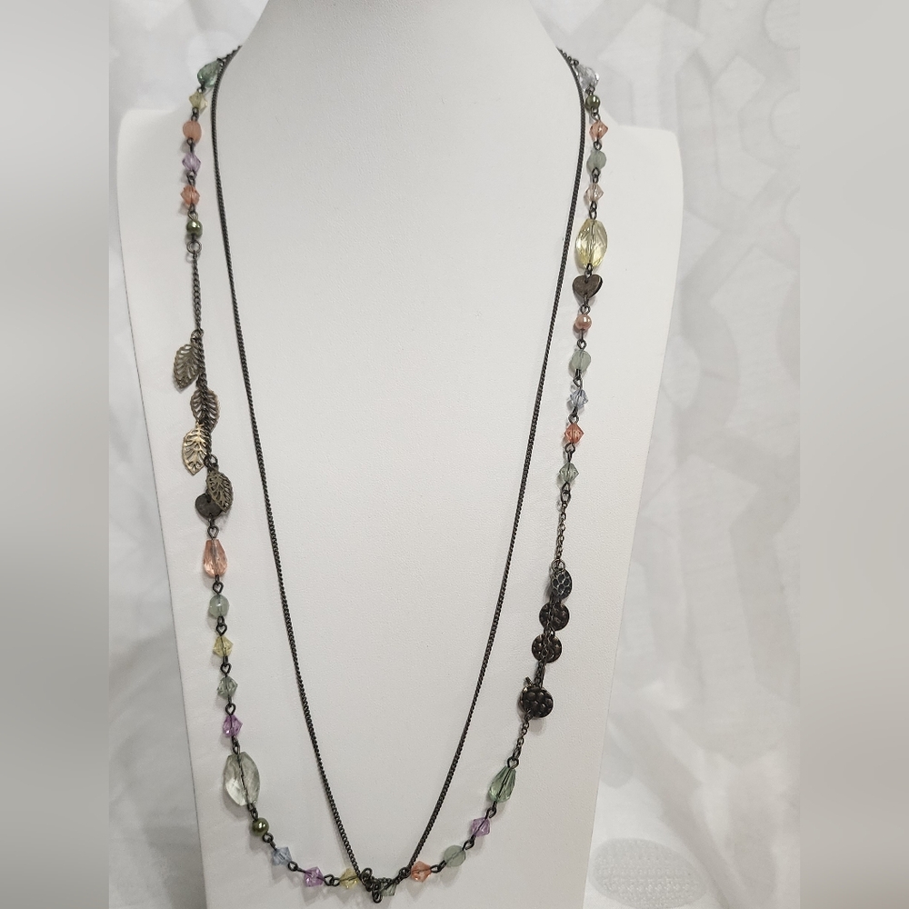 Boho Layered Necklace Bronze Chain Leaf Charms Multicolor Glass Beads Long